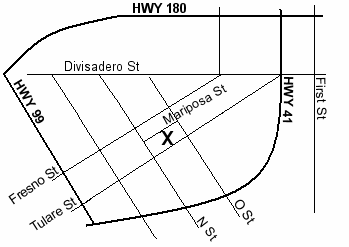 Central Library is one block south of the Water Tower, between Fresno and Tulare Streets and between N and O Streets.
