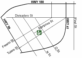 Central Library is one block south of the Water Tower, between Fresno and Tulare Streets and between N and O Streets.