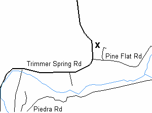 Piedra Branch is on right side of the Trimmer Spring Road, passed Pine Flat Road